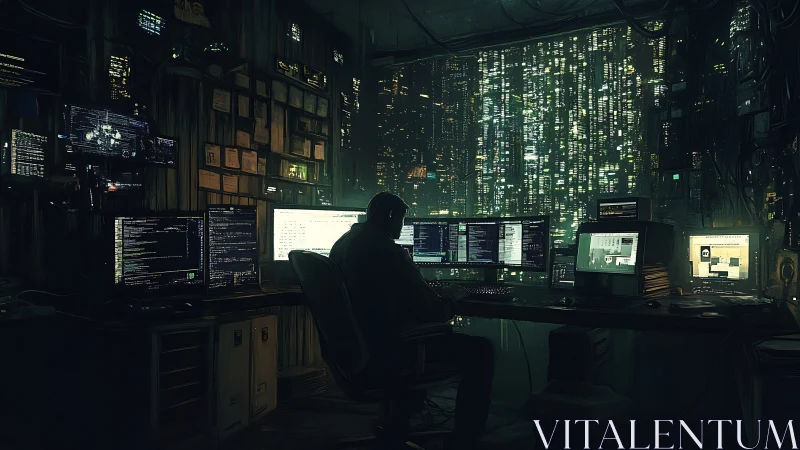 Night coder quietly builds worlds before a neon city window