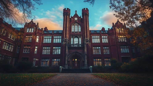 Neo-Gothic brick university facade at sunset glow.