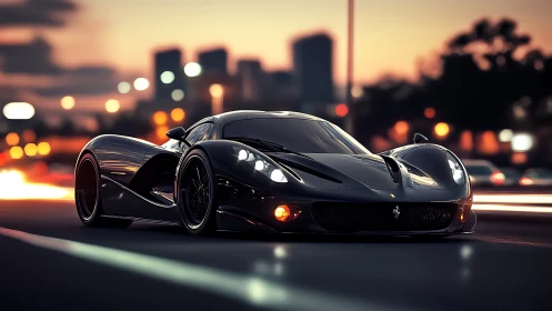 Black sports car moves on urban road at dusk