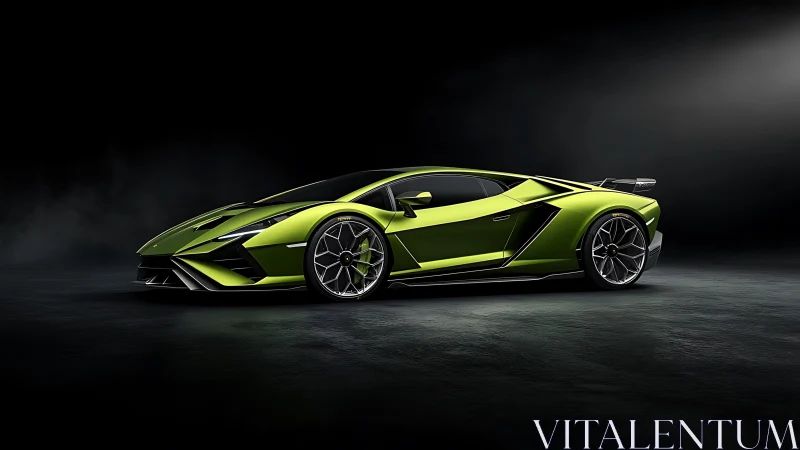 Neon green hypercar prowls through sculpted shadow and light.