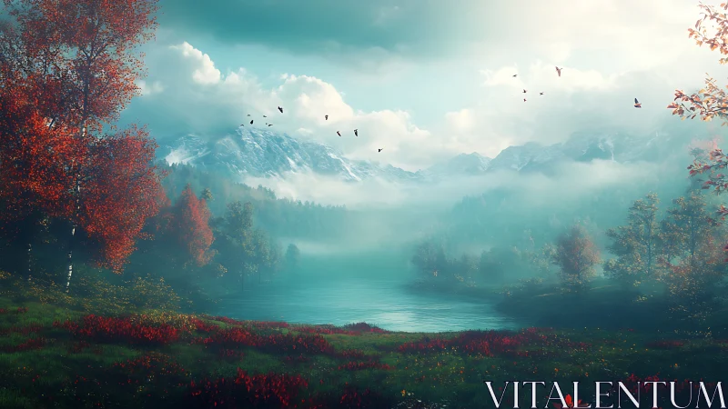 Mist-kissed alpine lake cradled by autumn’s crimson hush.