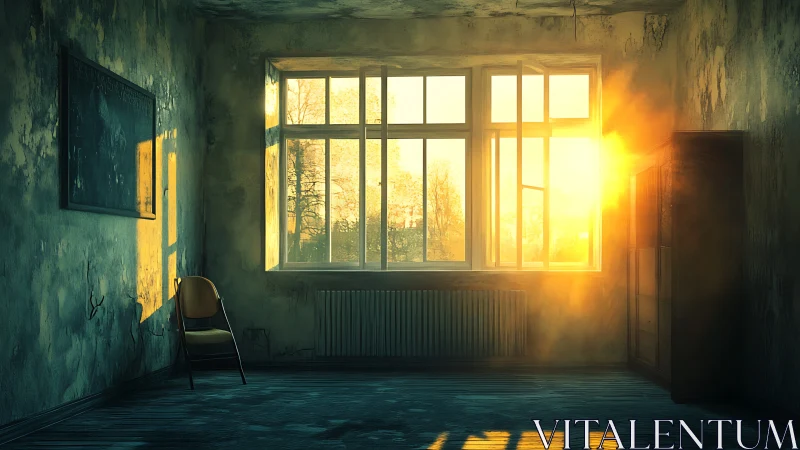Decayed classroom interior flooded with cinematic sunset light.