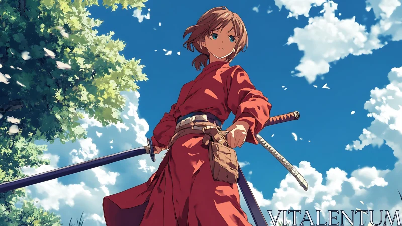 Low-angle dynamic samurai portrait under cumulus sky.