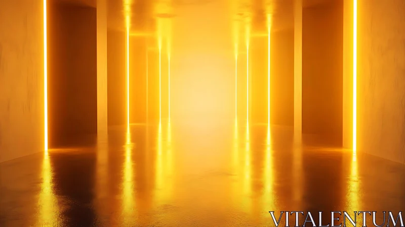 Golden neon corridor glows with futuristic ambient light