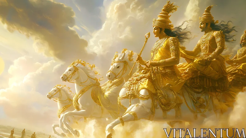 Digital painting of divine chariot charge in luminous clouds.