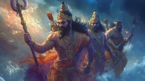 Mythic warrior trio stride through stormlit divine clouds.