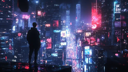 Lone figure surveys neon cyberpunk megacity in hazy rain