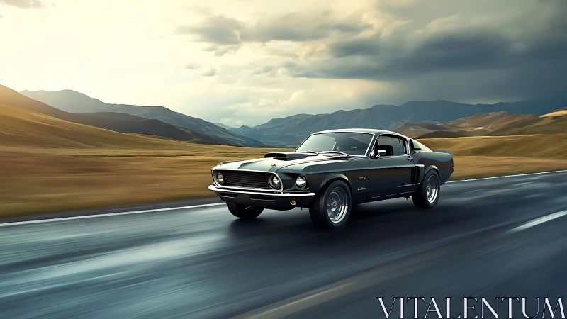 Classic fastback muscle car drives along empty mountain highway