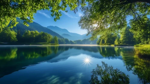 Mountain lake mirrors sunrise amid lush green forest.