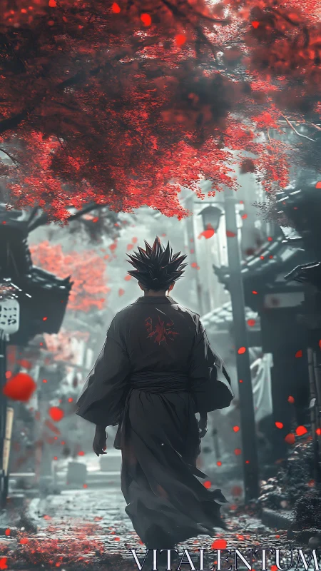 Crimson leaves crown a lone wanderer in misty alley reverie