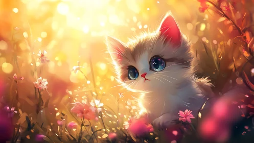 Luminous Kitten in Glowing Flower Field