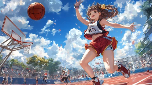 Sunlit streetball leap with anime girl under vivid skies.