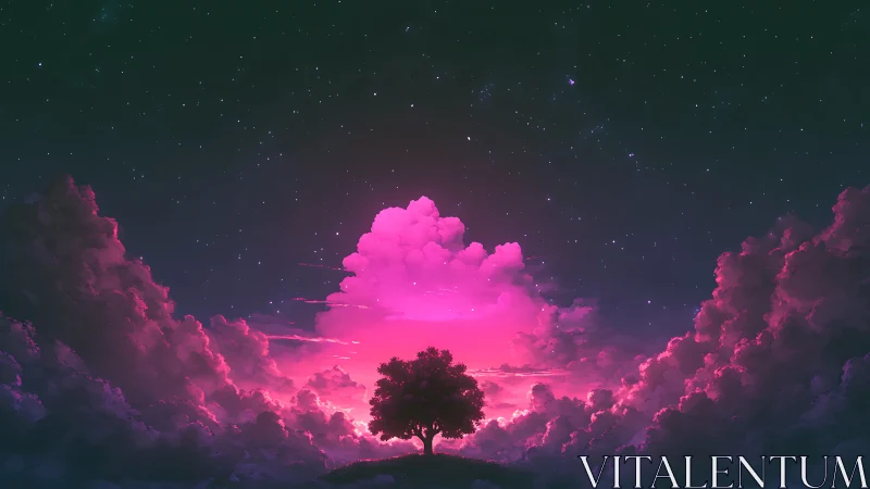 Starlit dreamtree crowned by glowing pink stormclouds.