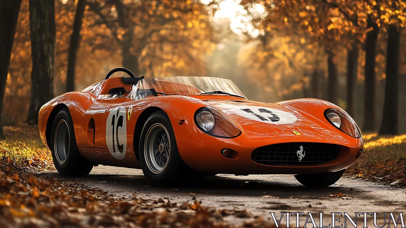 Sunlit autumn lane with a radiant vintage race car.