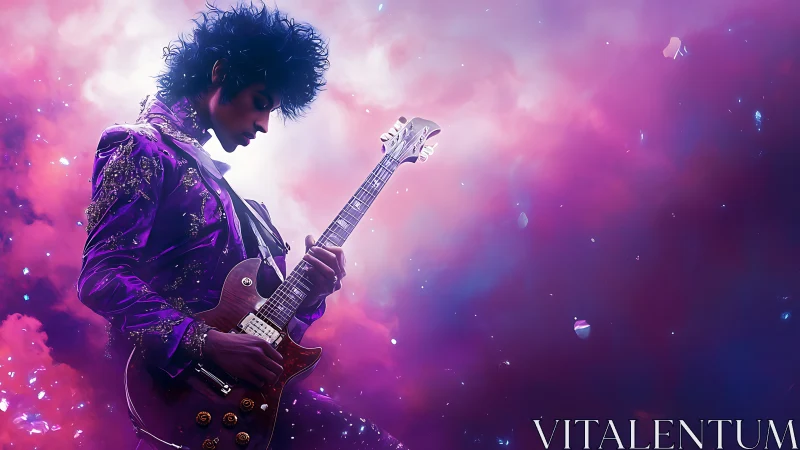 Digital painting of glam rock guitarist in nebula aura lighting.