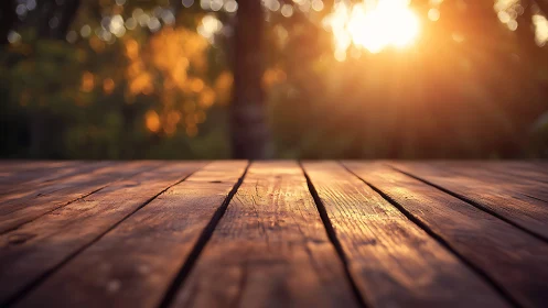 Sunlit wooden deck planks in warm golden hour backlight.