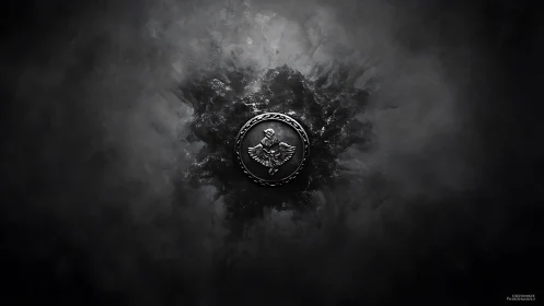 Metallic eagle emblem emerges from dark smoky void.