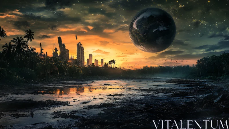 Ruined city skyline under looming planet at dusk.