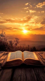 Open Bible glows under radiant mountain sunrise sky.