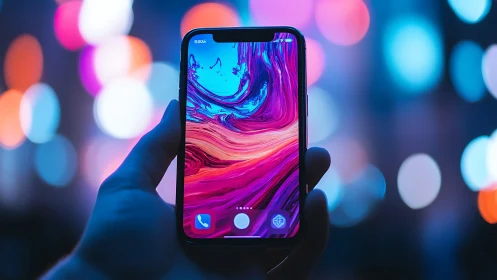 Smartphone held against blurred city lights background.