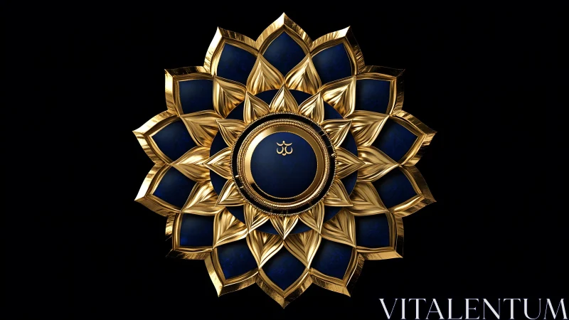 Luxurious Blue and Gold Mandala with Om Symbol, Digital Art.