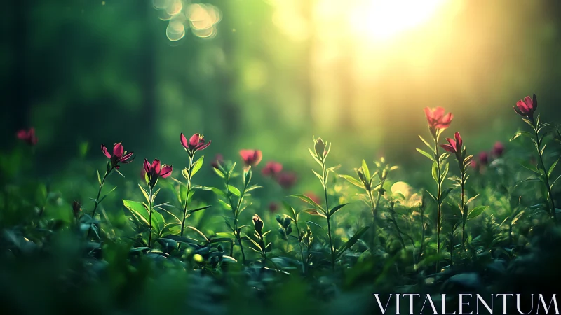Red flowers bloom in soft-focus garden with natural sunlight