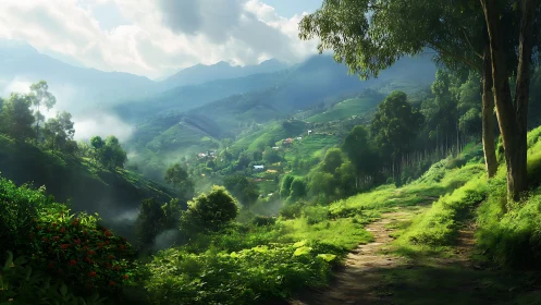 Lush green valley with hillside path and distant village.