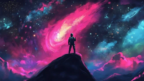 Solitary astronaut surveys luminous nebula sky from peak