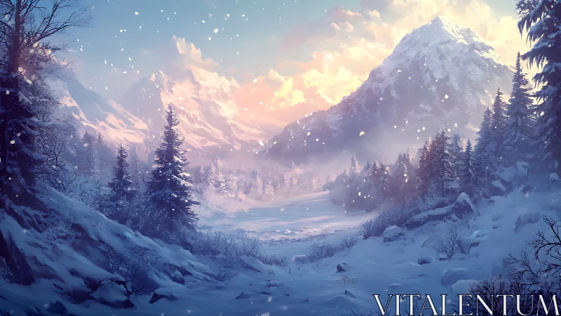 Luminous alpine valley under volumetric winter atmosphere.