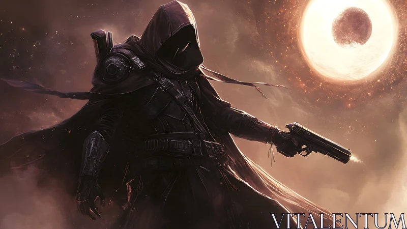 Hooded armed figure stands under luminous eclipsed sphere