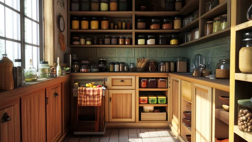 Sunlit pantry kitchen showcases warm wood and organized jars