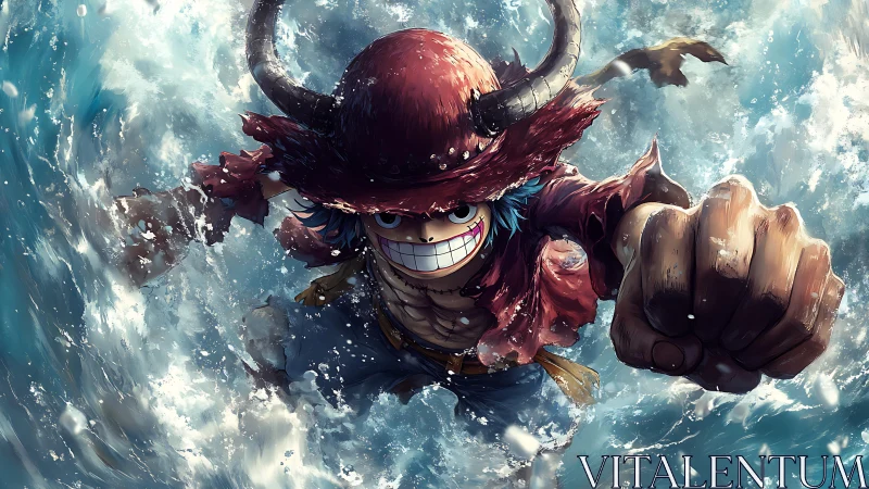 Dynamic horned pirate lunges forward through turbulent seawater