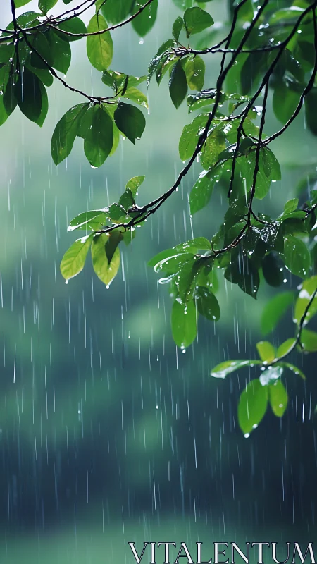 Backlit green leaves capture vertical rainfall in shallow focus
