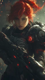 Fierce red haired space warrior framed in glowing armor.