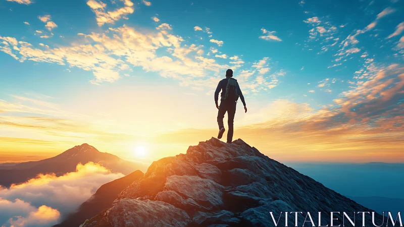 Sunrise greets a lone hiker embracing the mountain summit