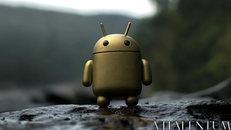 Curious golden robot buddy exploring a misty forest path.