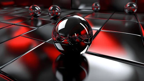 Chromed reflective spheres on red-black tiled surface.