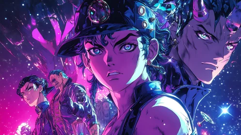 Celestial anime heroes confront a cosmic, neon-splashed void
