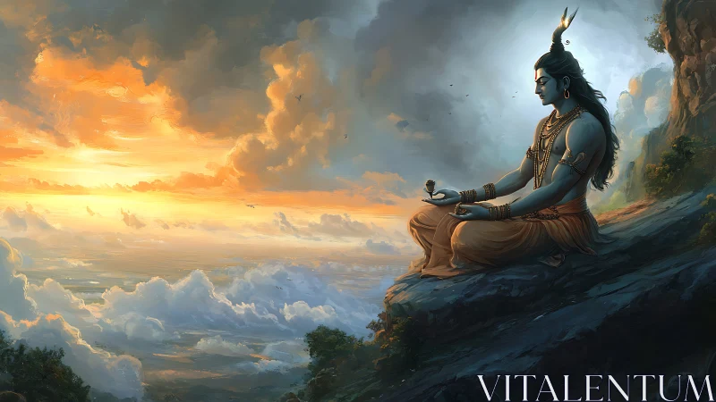 Serene mountain meditation gazes gently across glowing clouds