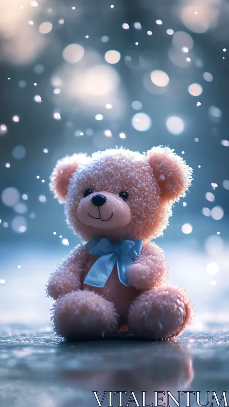 Soft plush teddy bear illuminated in winter bokeh snow