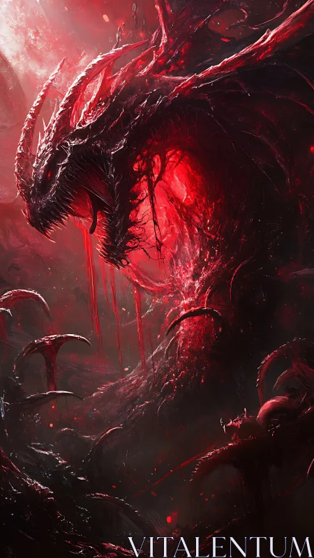 Infernal crimson dragon emerges in swirling viscous nebula