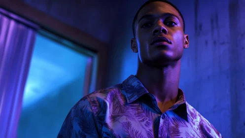 Portrait subject stands in mixed blue and purple artificial light