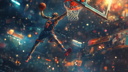 Basketball player soars for powerful dunk under arena lights