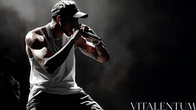 Digital painting of dynamic rapper on dark concert stage.