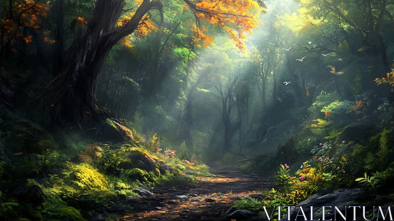 Sunlit Cathedral: Where Ancient Giants Guard the Forest's Sacred Glow.