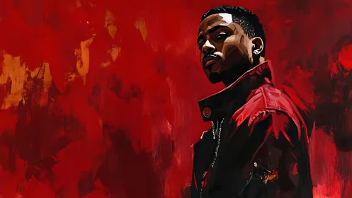 Confident man in red jacket stands against bold abstract crimson