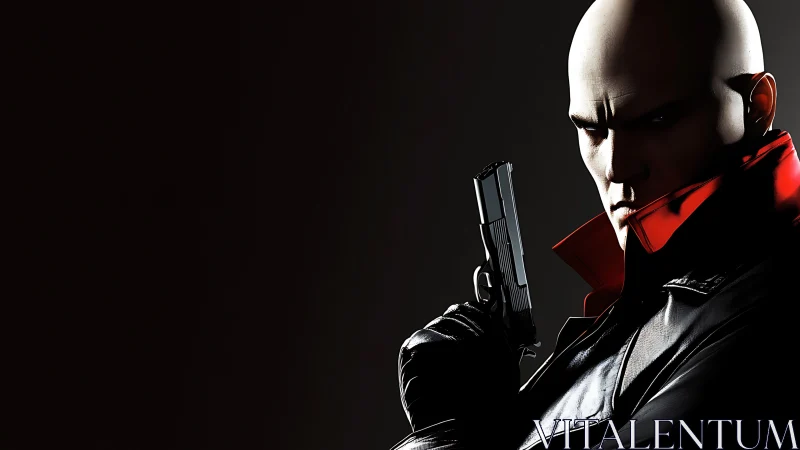 Bald armed figure in black coat against dark background.