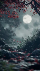 Moody forest path under full moon with red foliage.