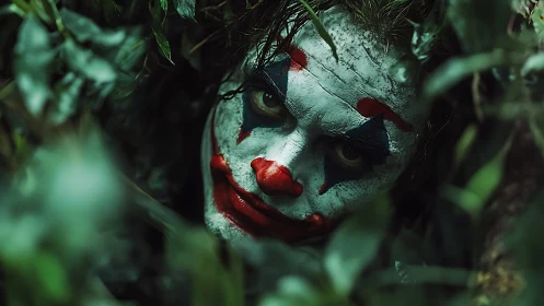 Clown face with smeared makeup framed by dense green foliage