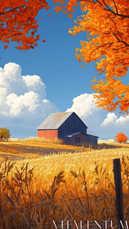 Golden autumn barn rests quietly beneath bright blue skies